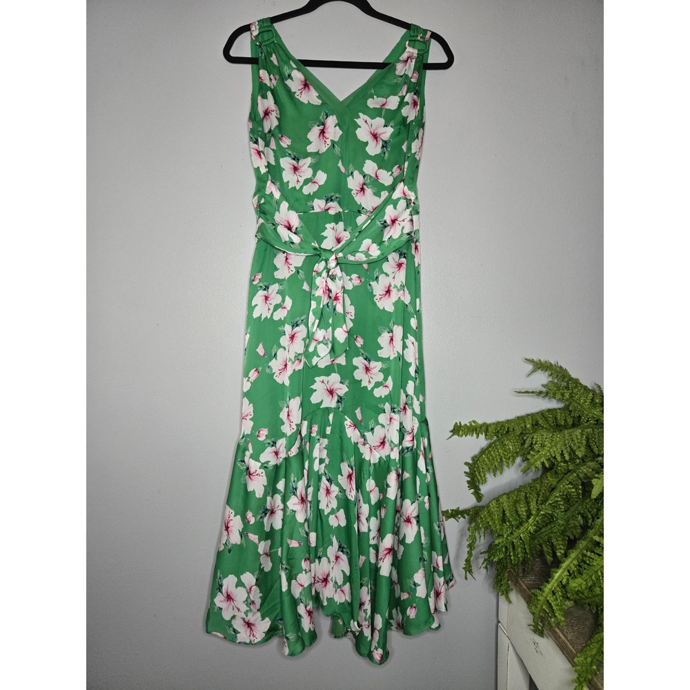 White House Black Market Green Floral Midi Dress Size Petite 6 Tropical Belted - Picture 3 of 11